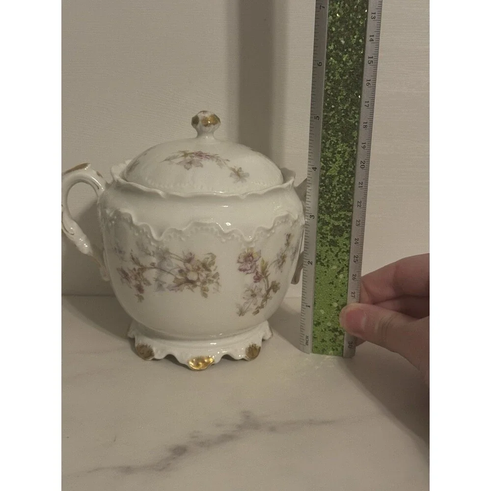 Vintage Antique Haviland Limoges Sugar Bowl with Lid Floral Gold France Pink Blu